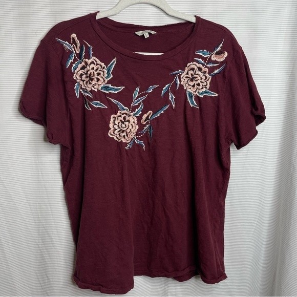 Lucky Brand Tops - Lucky Brand Maroon/Wine Embroidered Floral Tee